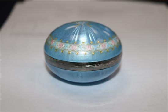 An early 20th century continental silver and blue guilloche enamel circular powder box, with hinged lid